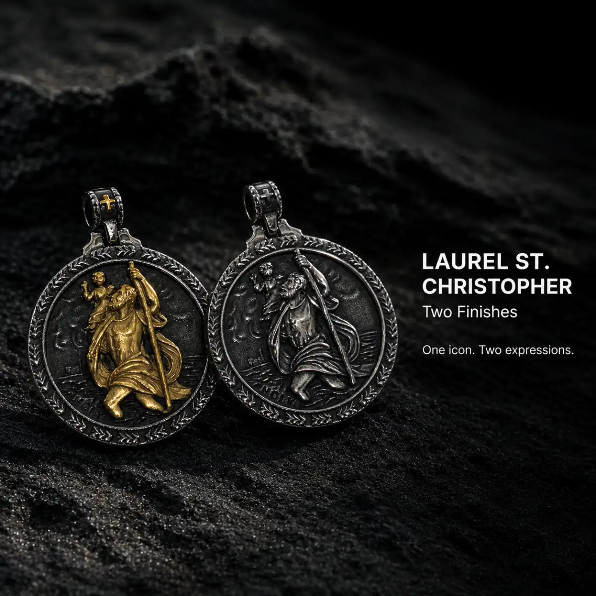Laurel St Christopher Medal Gold and Silver Displayed on Stone Surface