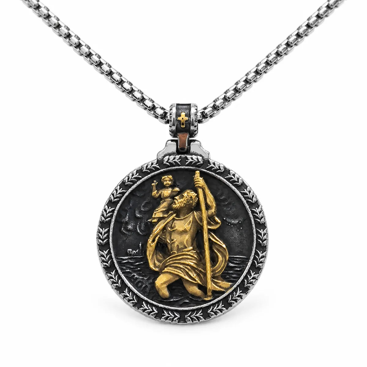 Laurel St Christopher Medal Gold and Silver Pendant with Chain Front View White Background