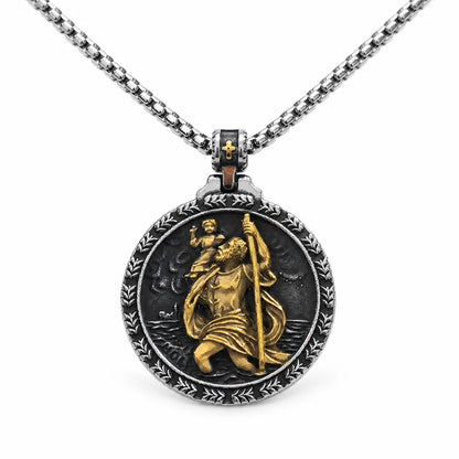 Laurel St Christopher Medal Gold and Silver Pendant with Chain Front View White Background