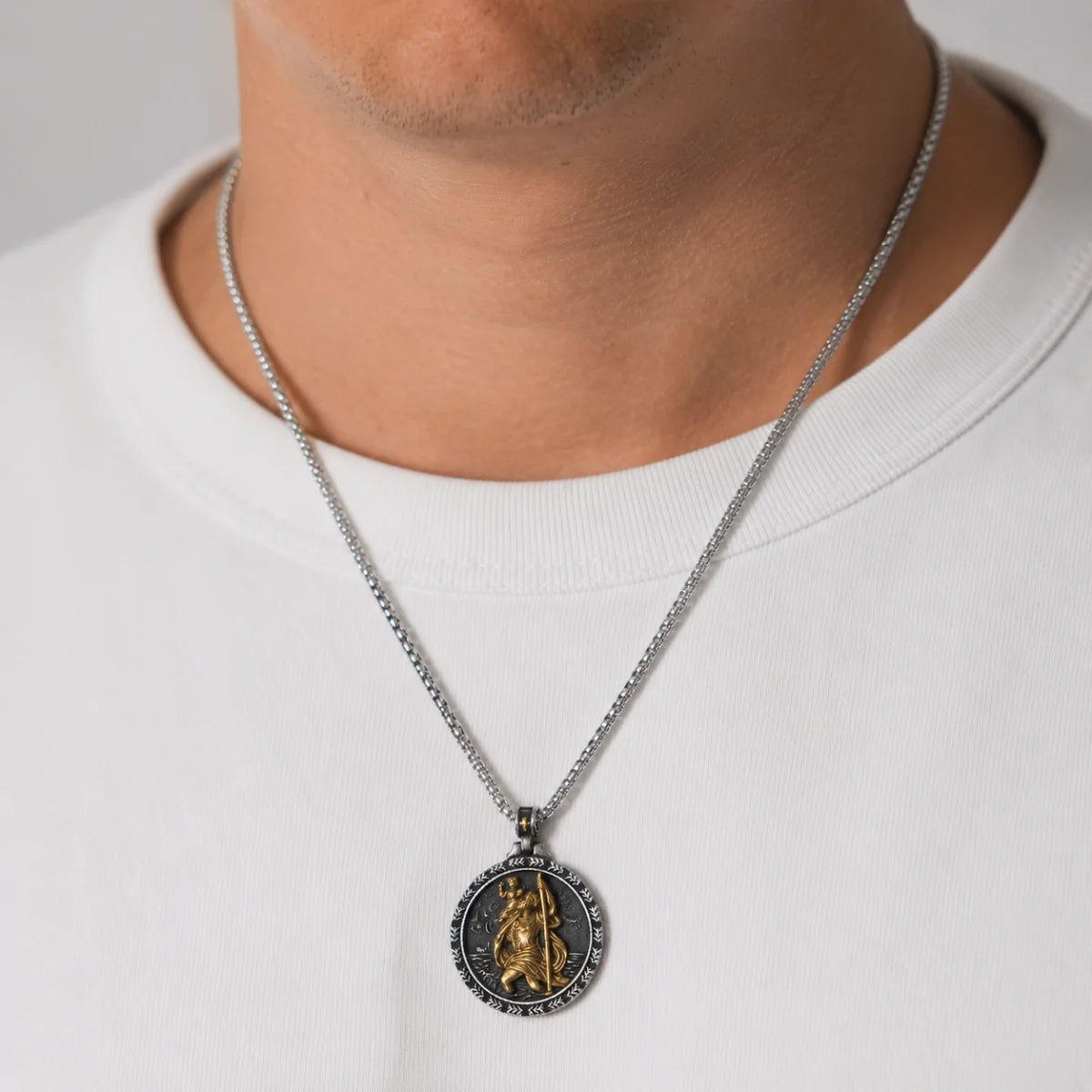 Laurel St Christopher Medal Gold and Silver Worn by Male Model