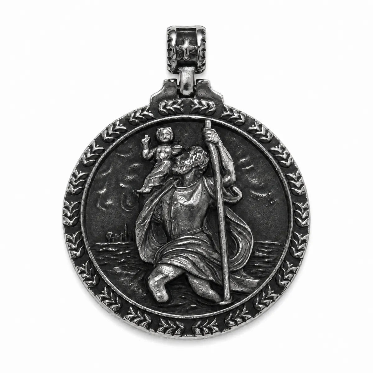 Laurel St Christopher Medal Silver Pendant Only Front View White Background