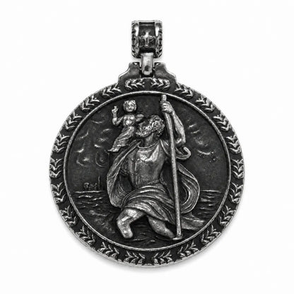 Laurel St Christopher Medal Silver Pendant Only Front View White Background