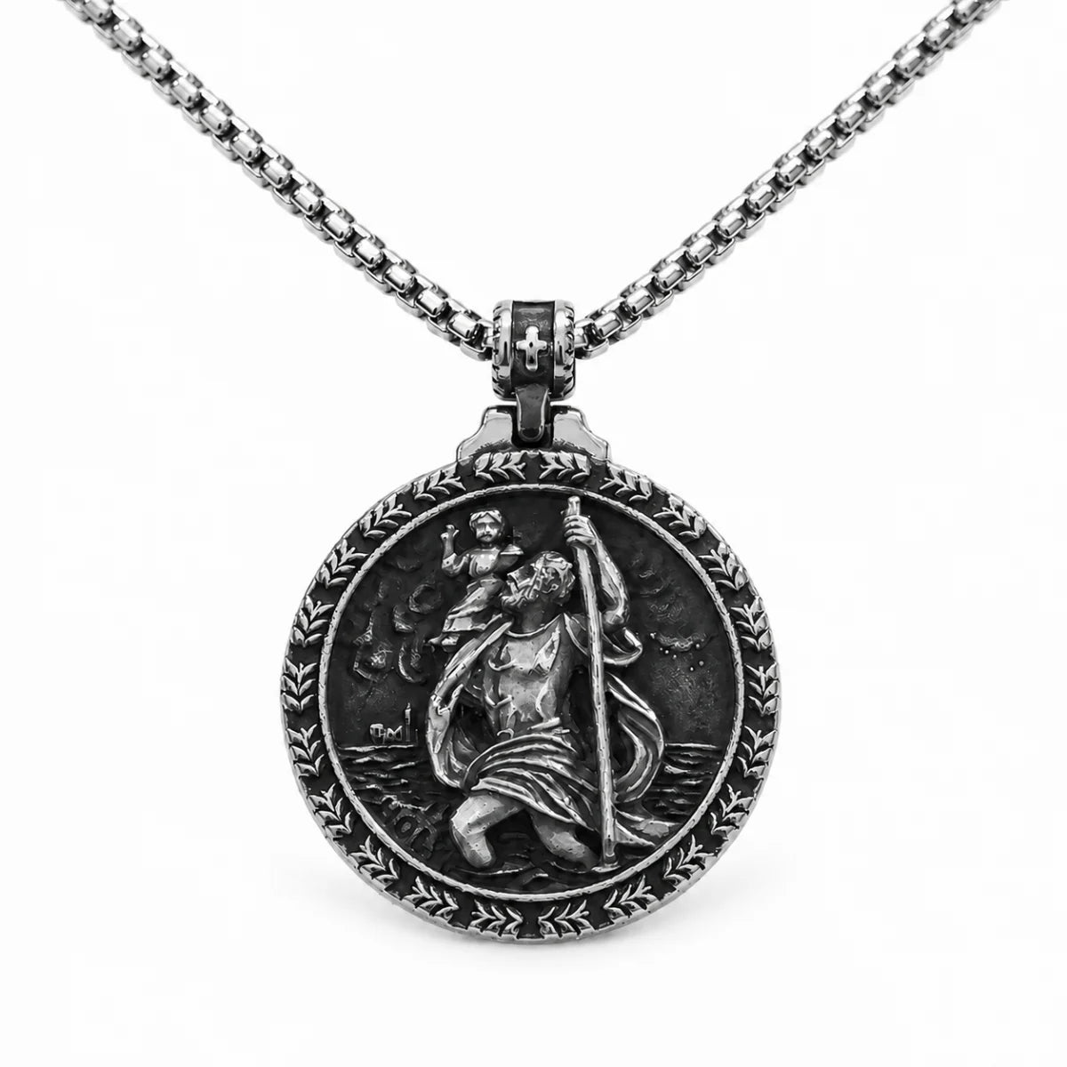 Laurel St Christopher Medal Silver Pendant with Chain Front View White Background