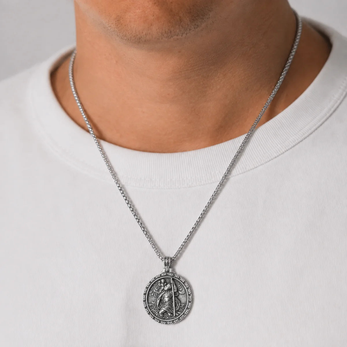 Laurel St Christopher Medal Silver Worn by Male Model
