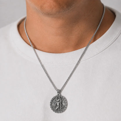Laurel St Christopher Medal Silver Worn by Male Model