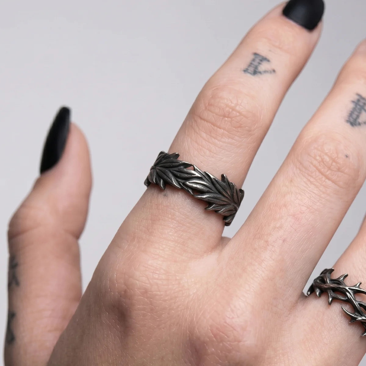 Leaf Ring Worn by Female Model Close Up