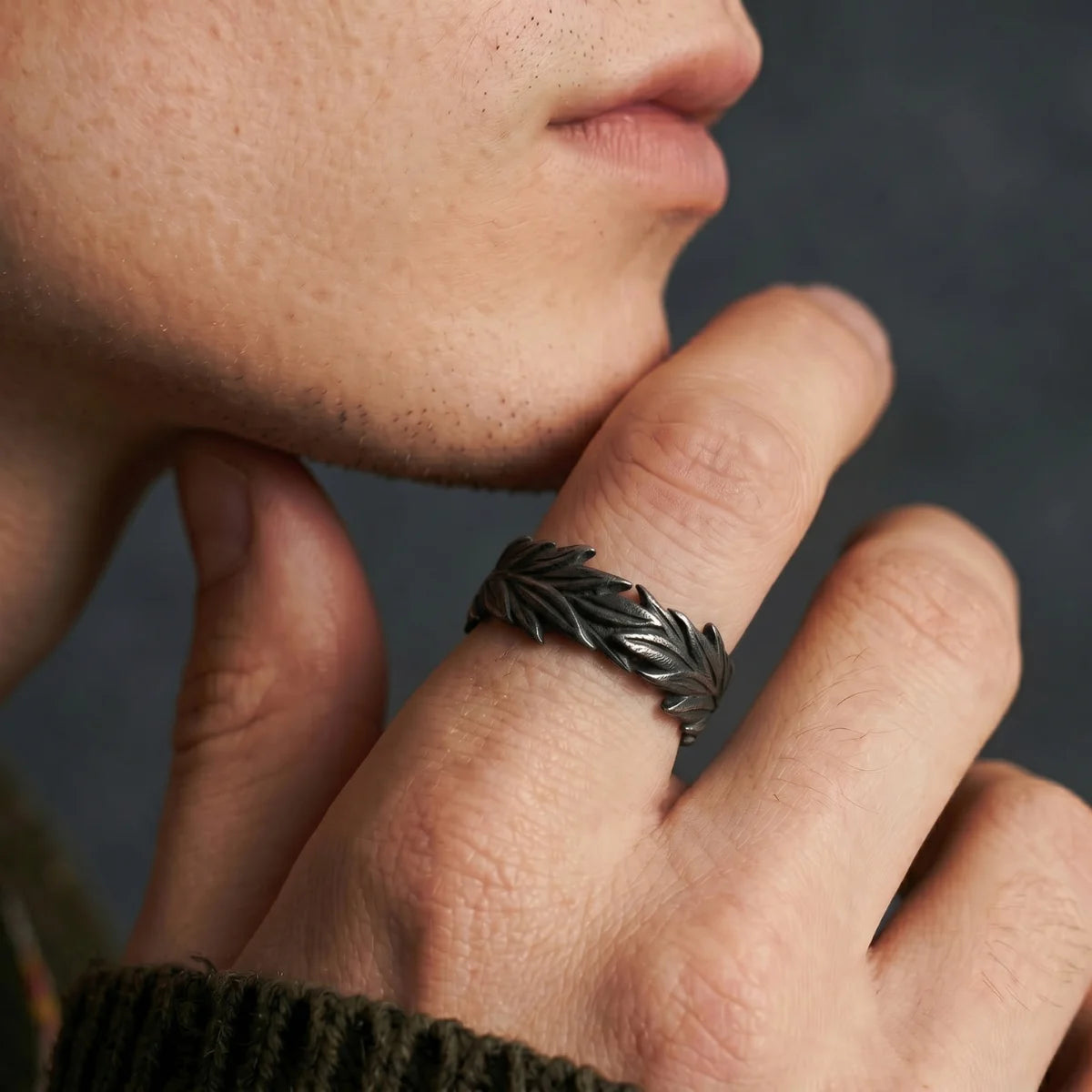 Leaf Ring Worn by Male Model