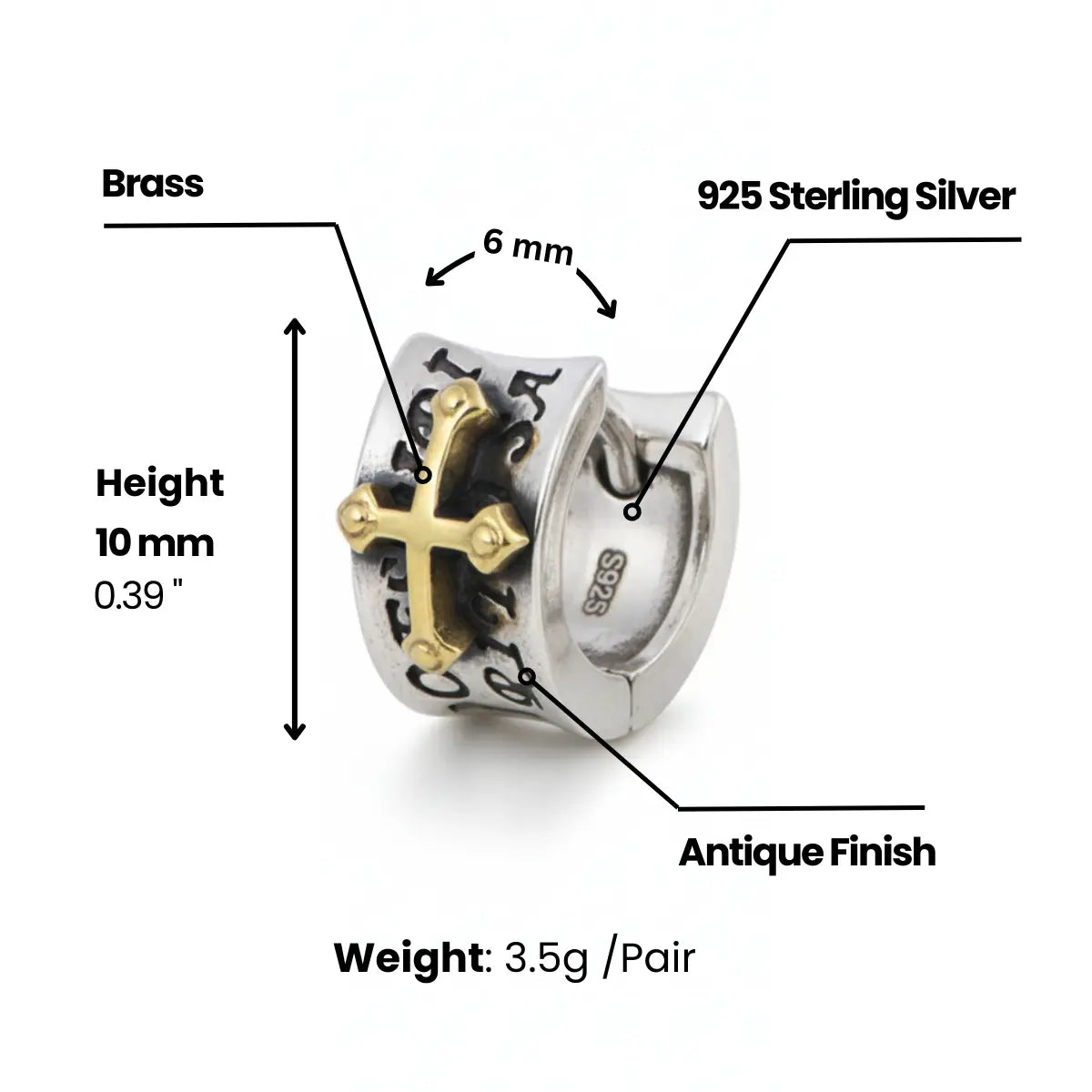 Letter Cross Huggie Hoop Earrings Dimensions and Weight