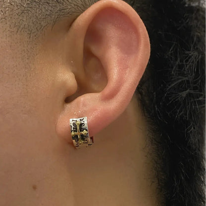 Letter Cross Huggie Hoop Earrings Worn by Male Model Close Up