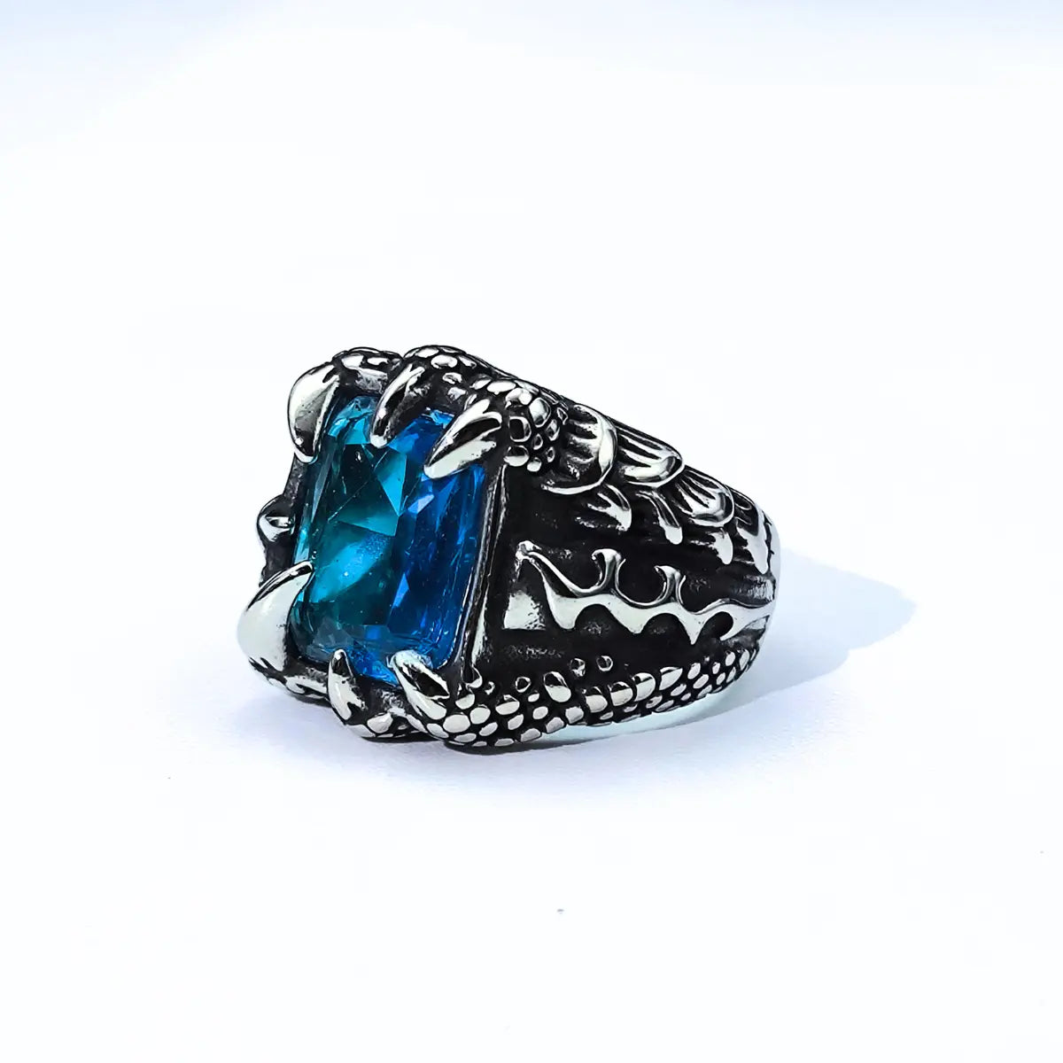 Light Blue Gemstone CZ Stainless Steel Dragon Claw Ring Details
