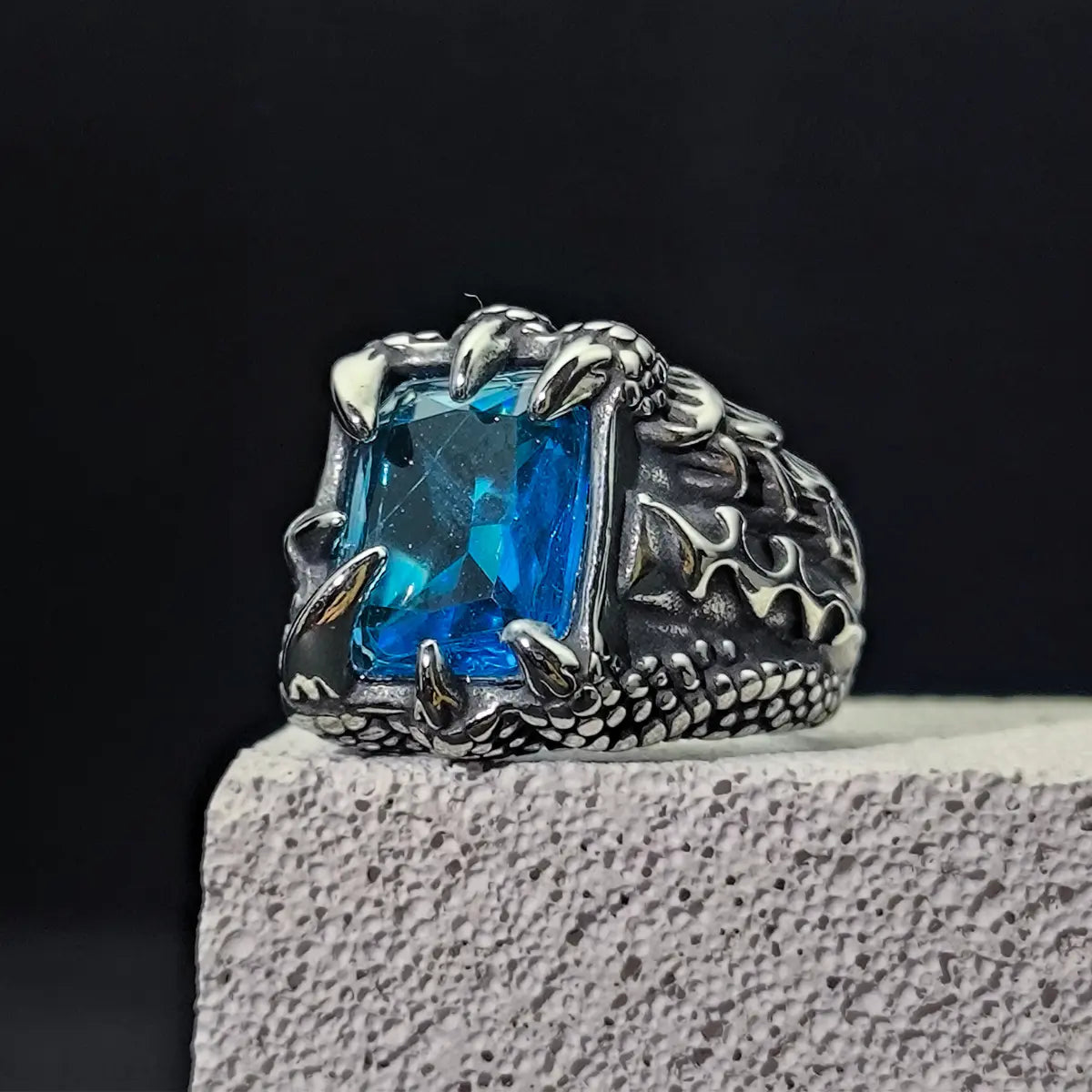 Light Blue Gemstone CZ Stainless Steel Dragon Claw Ring