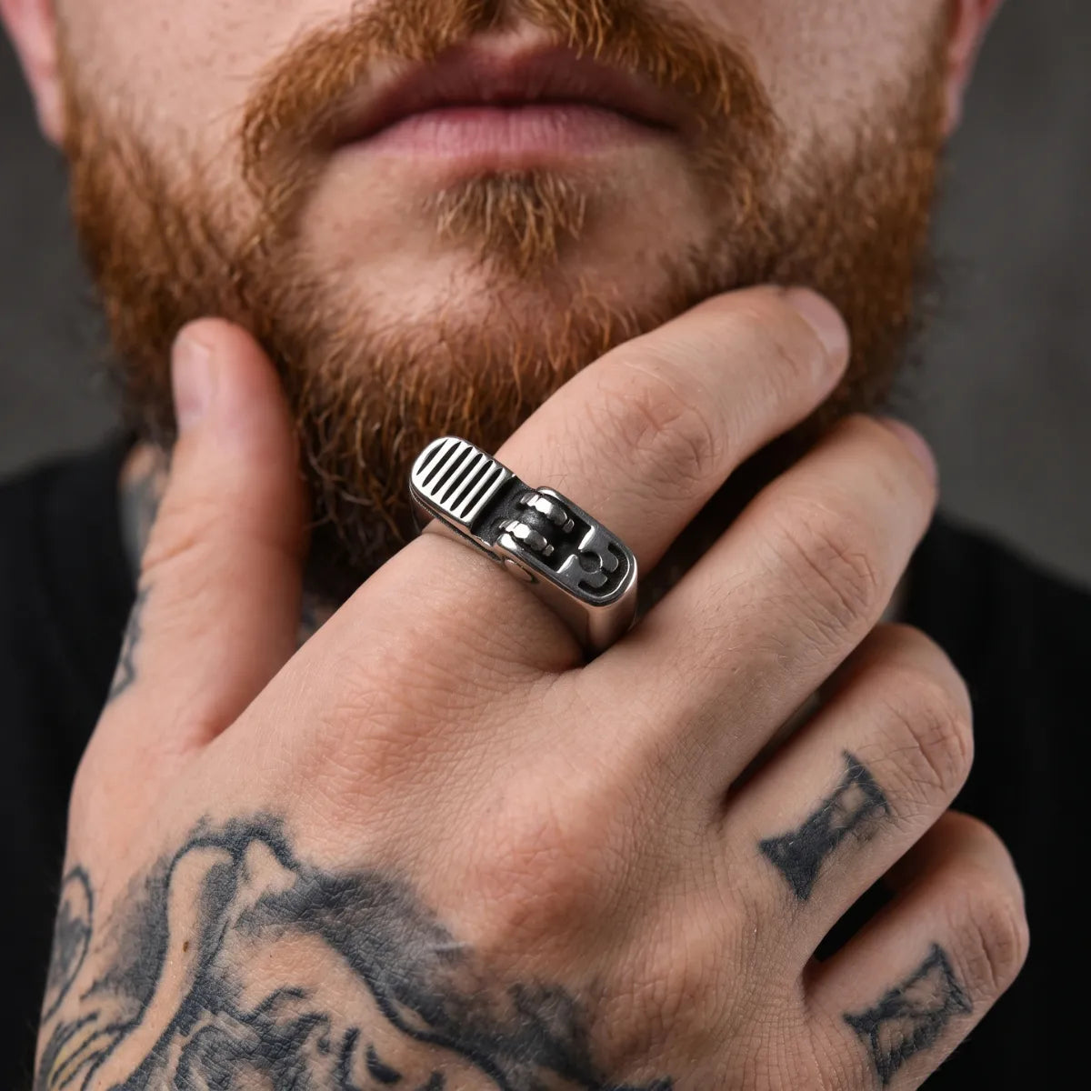 Lighter Ring Silver Worn by Male Model with Tattoos