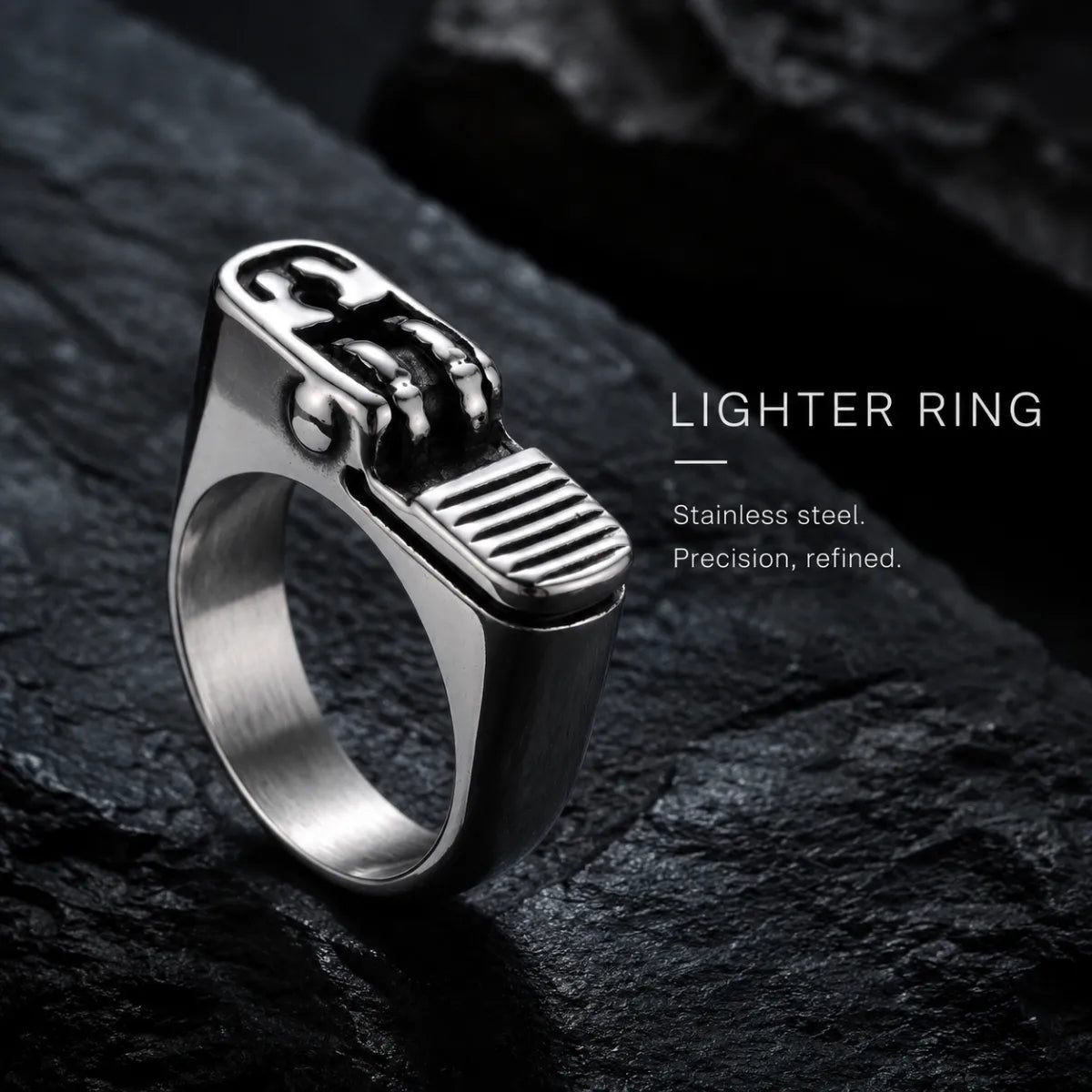 Lighter Ring Silver on Black Stone Surface
