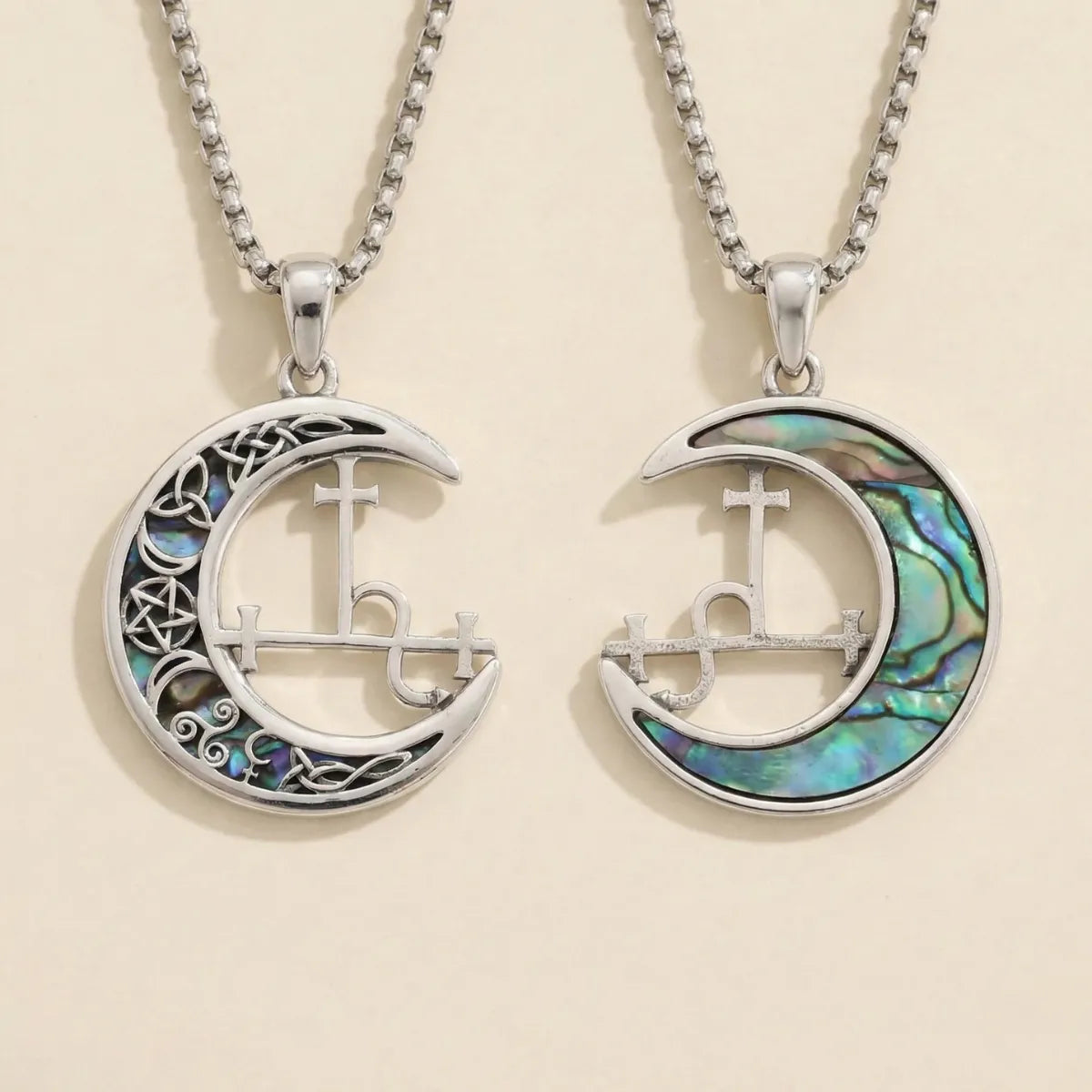 Lilith Sigil Necklace with Celtic Abalone Crescent Moon Front and Back Side