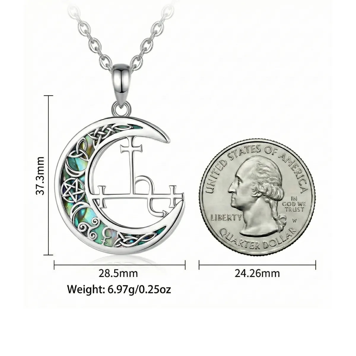 Lilith Sigil Necklace with Celtic Abalone Crescent Moon Size Comparison