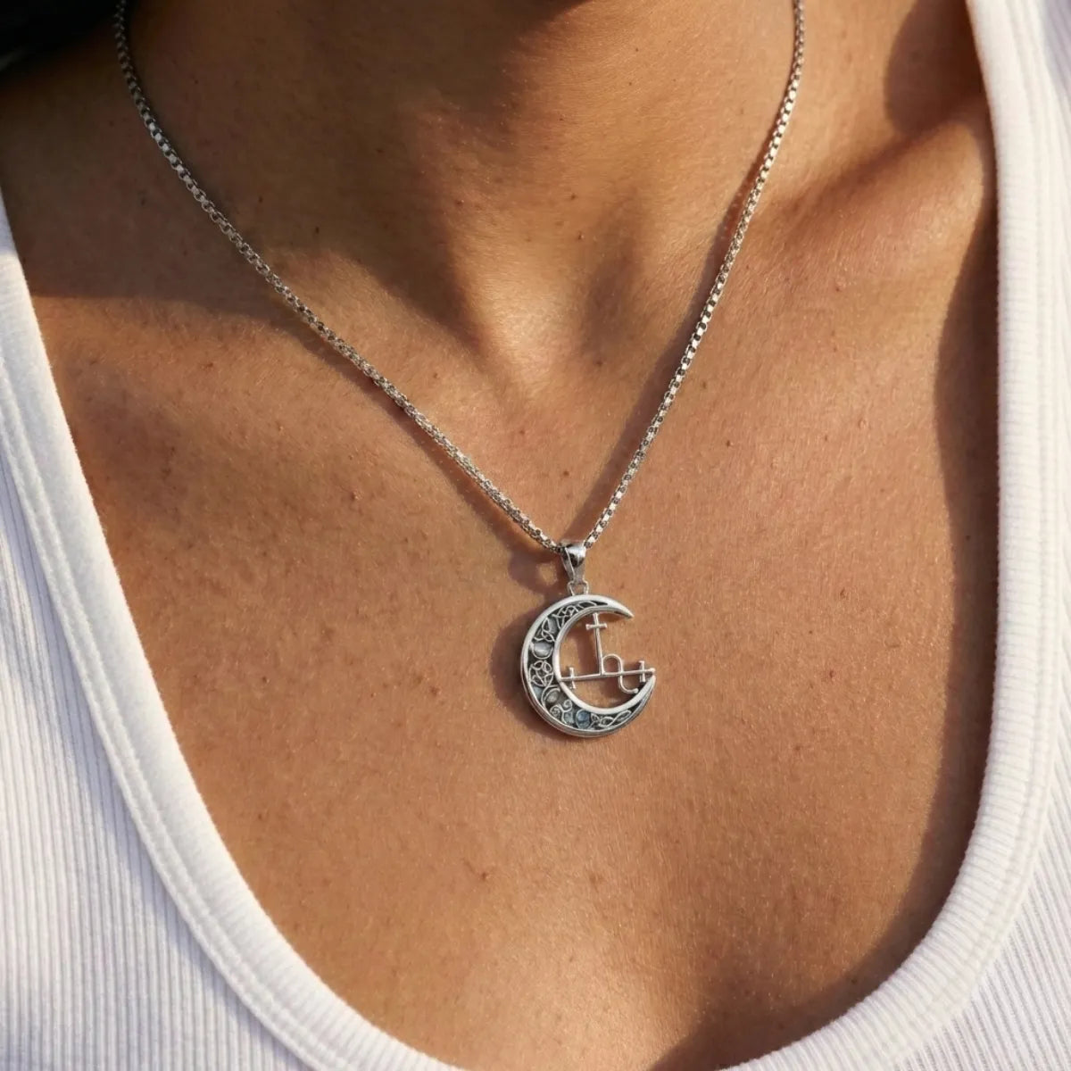 Lilith Sigil Necklace with Celtic Abalone Crescent Moon Worn by Female Model