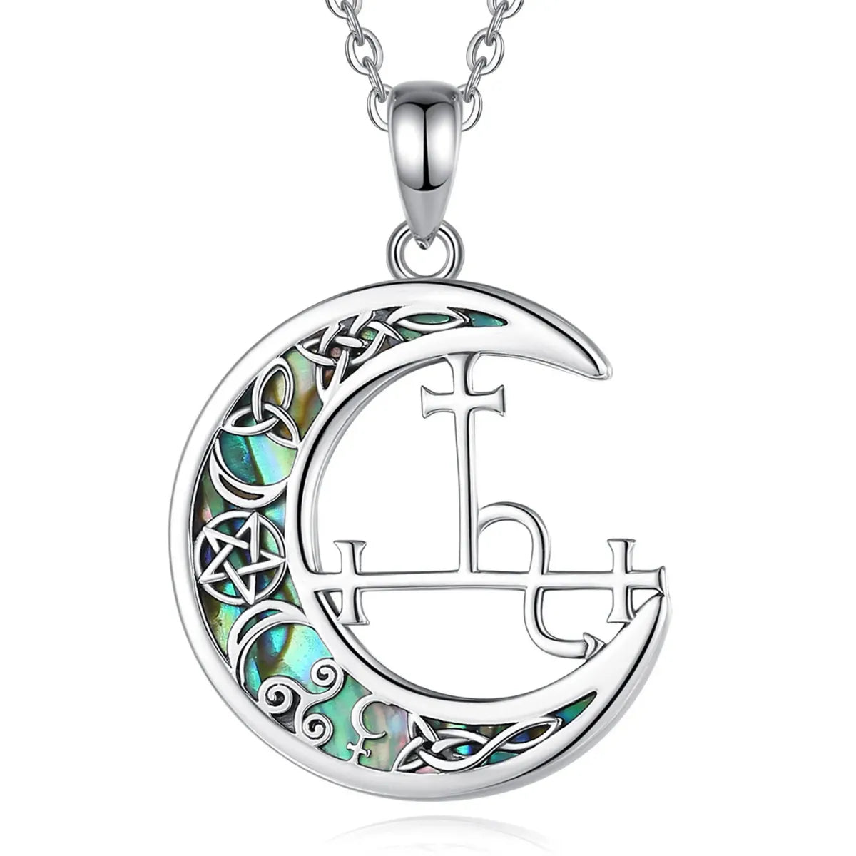 Lilith Sigil Necklace with Celtic Abalone Crescent Moon with 18inch Chain