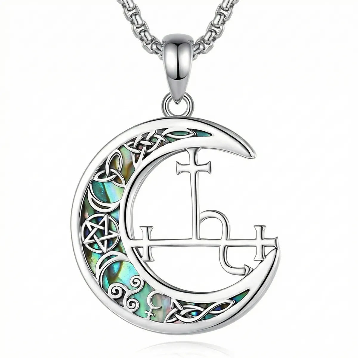 Lilith Sigil Necklace with Celtic Abalone Crescent Moon with 55cm Stainless Steel Chain