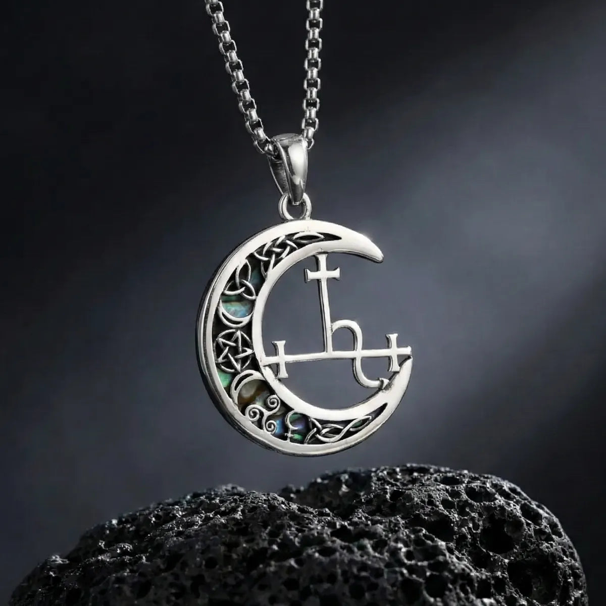 Lilith Sigil Necklace with Celtic Abalone Crescent Moon