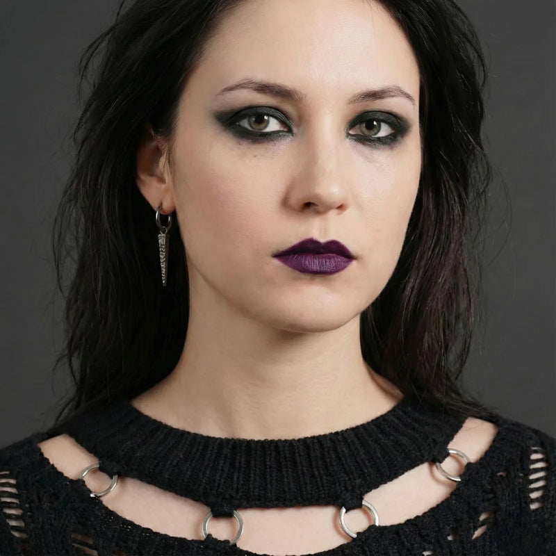 Long Spike Dangle Hoops Worn by Female Model Front