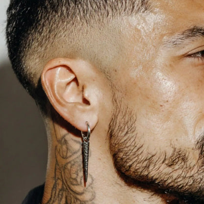 Long Spike Dangle Hoops Worn by Male Model