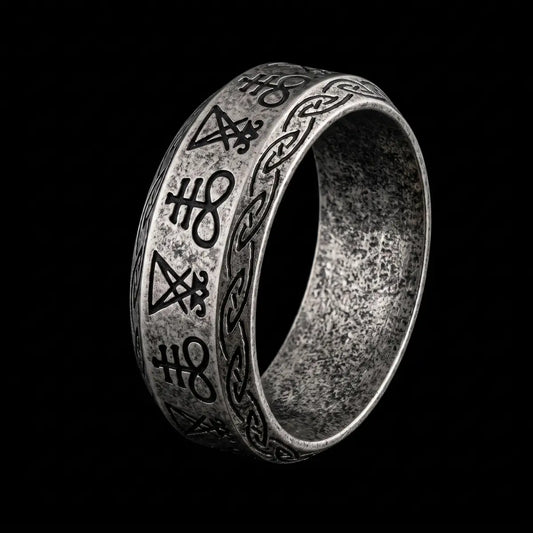 Lucifer Sigil Band Ring Silver Close Up