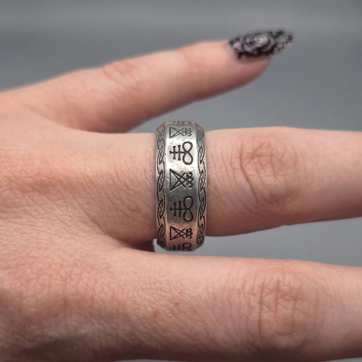 Lucifer Sigil Band Ring Silver Worn by Female Model Close Up