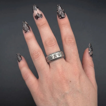 Lucifer Sigil Band Ring Silver Worn by Female Model