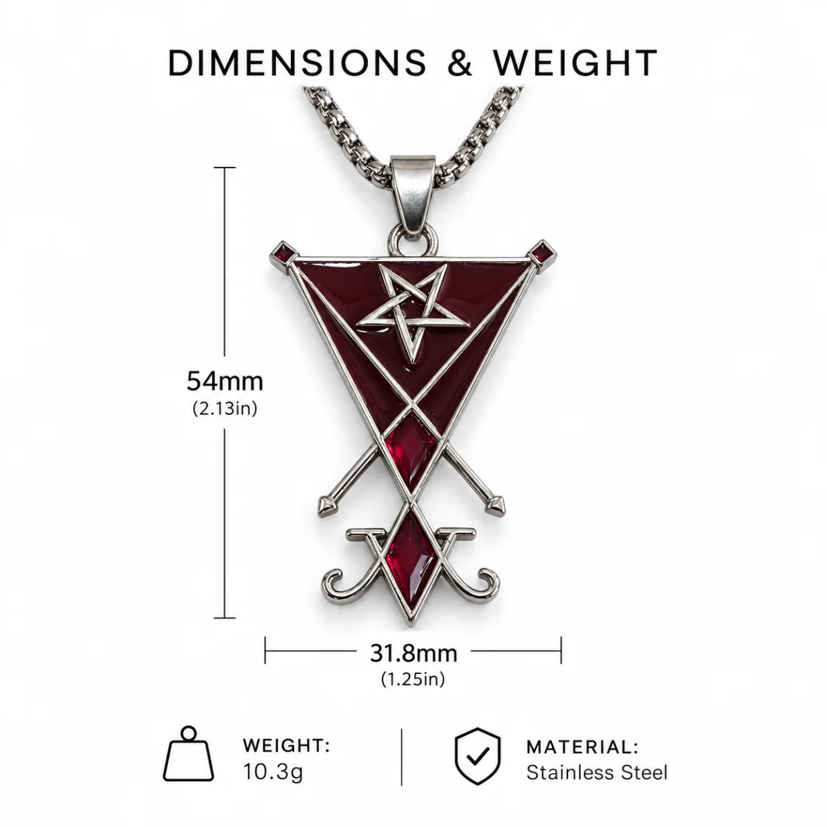 Lucifer Sigil Necklace Dimension Diagram 54.4mm 2.14inch and 31.5mm 1.24inch 21.2g 0.75oz