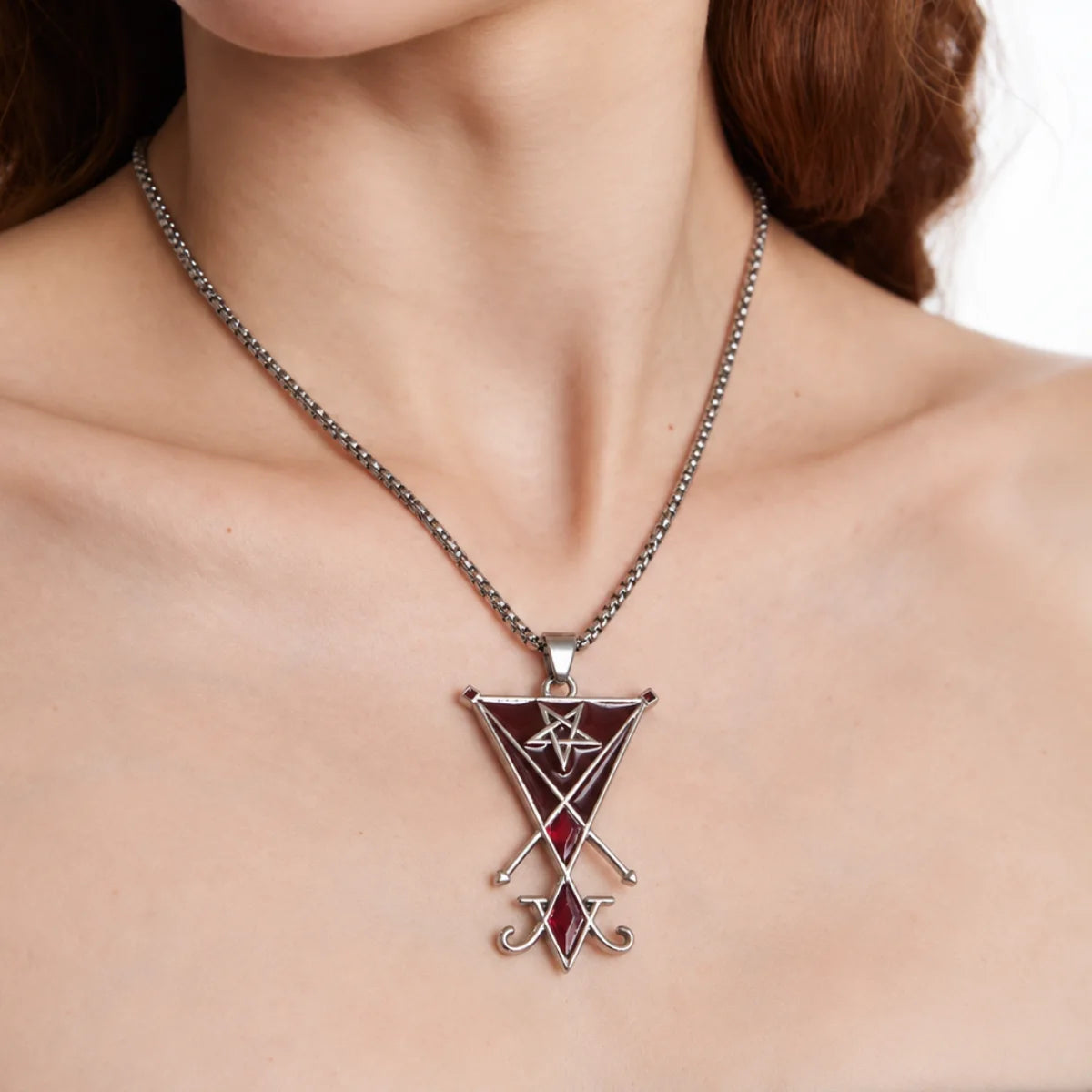 Lucifer Sigil Necklace Worn on Model Front View