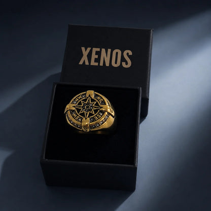 Luxury Compass Ring Gold Displayed in Black Xenos Jewelry Box
