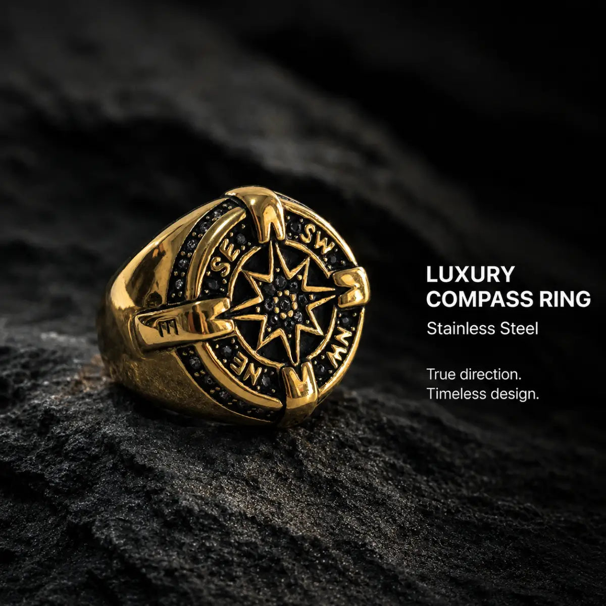 Luxury Compass Ring Gold Displayed on Dark Stone Surface