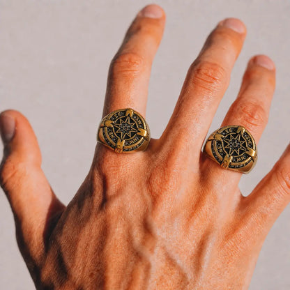 Luxury Compass Ring Gold Worn on Male Hand Close Up