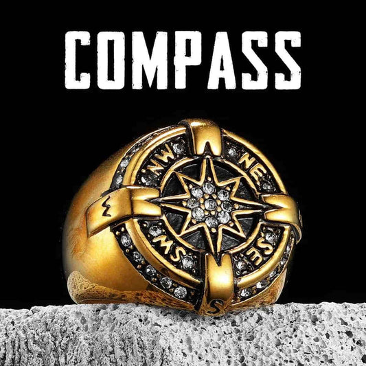 Luxury Compass Ring with Rhinestone Gold Black Xenos Jewelry