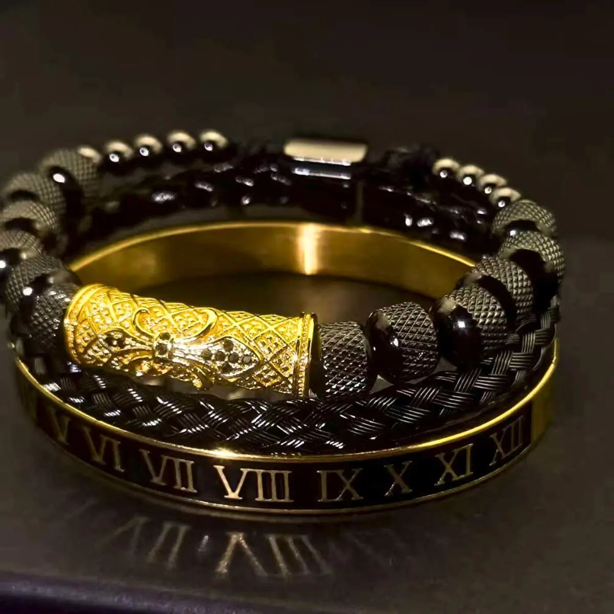Luxury Royal Set Mens Stainless Steel Bracelet Black Details