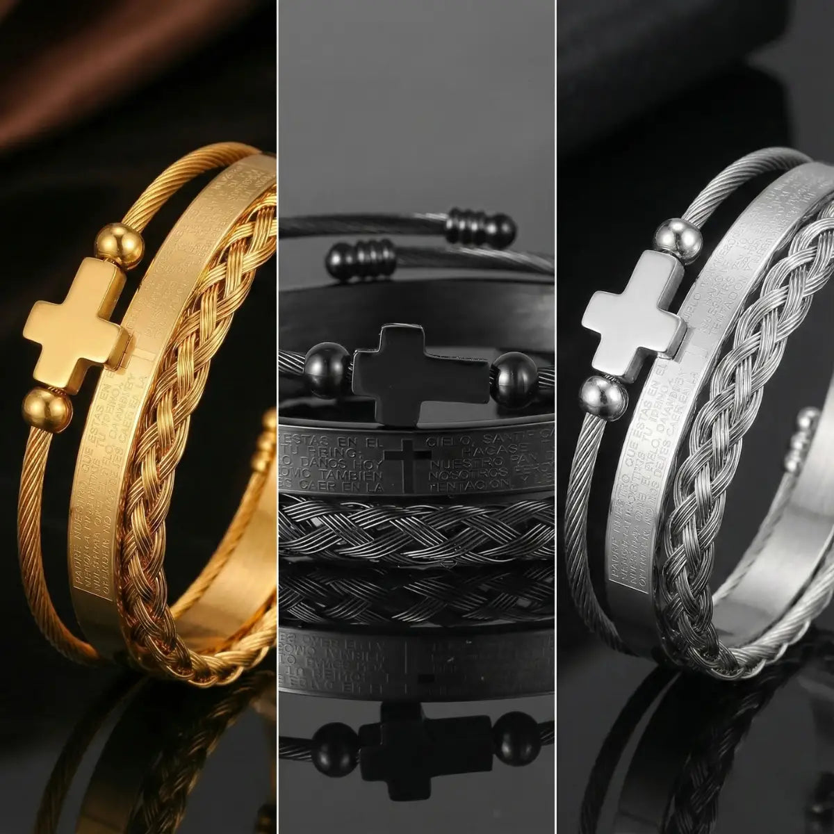 Luxury Set Mens Scripture Bracelet Gold Silver and Black Details