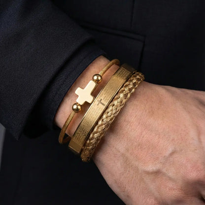 Luxury Set Mens Scripture Bracelet Gold Worn by Male Model