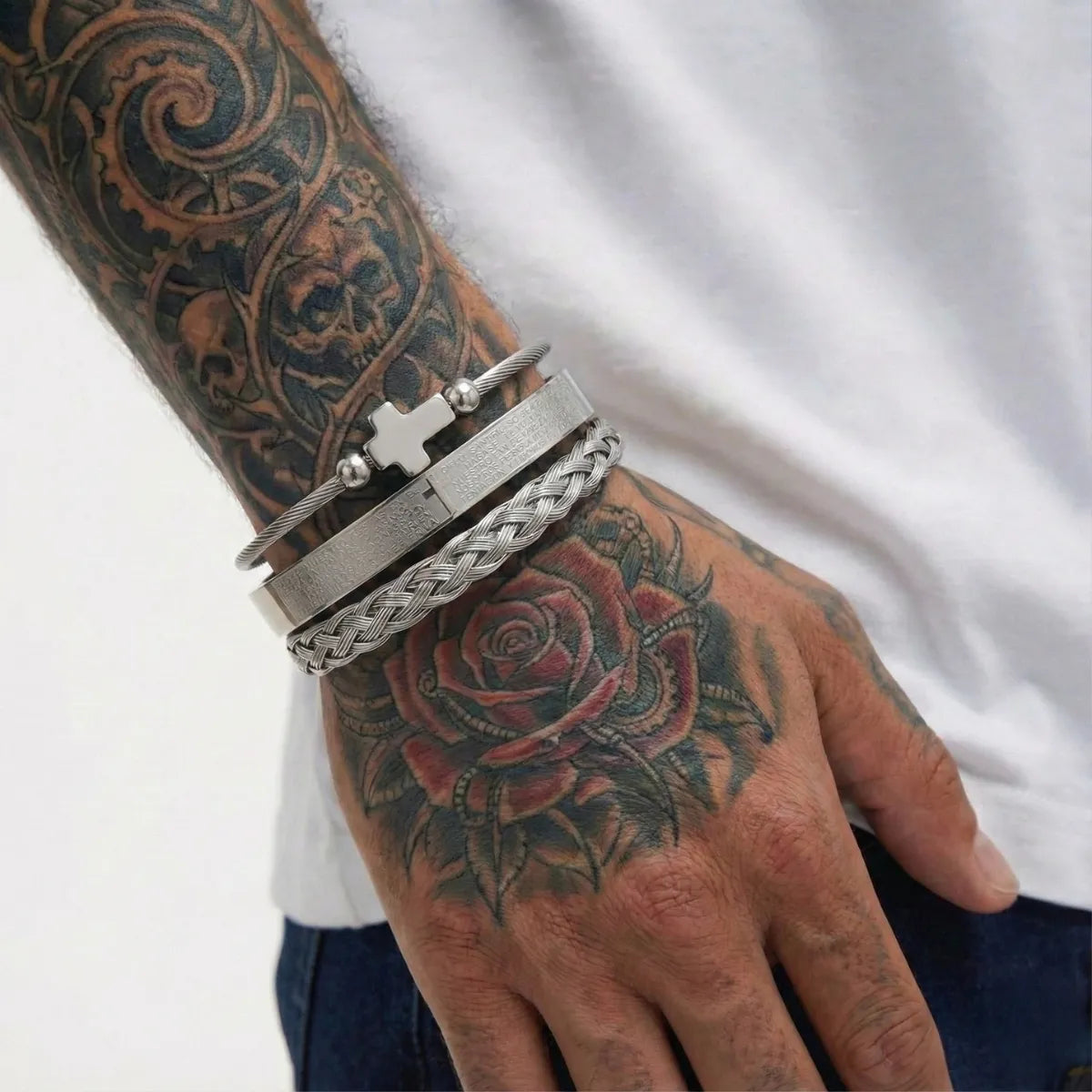 Luxury Set Mens Scripture Bracelet Silver Worn by Male Model