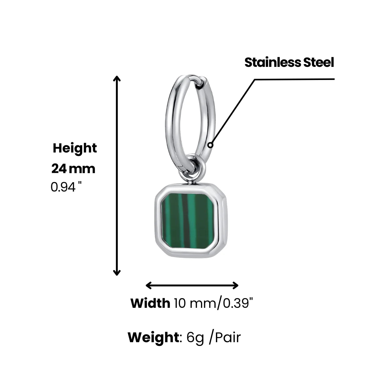 Malachite Square Drop Hoop Earrings Dimensions and Weight