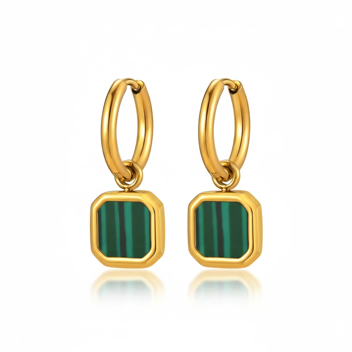 Malachite Square Drop Hoop Earrings Gold Details