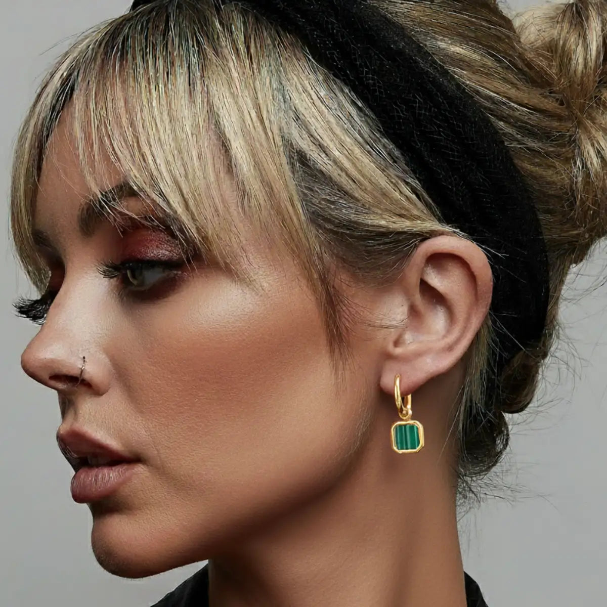 Malachite Square Drop Hoop Earrings Gold Worn by Female Model