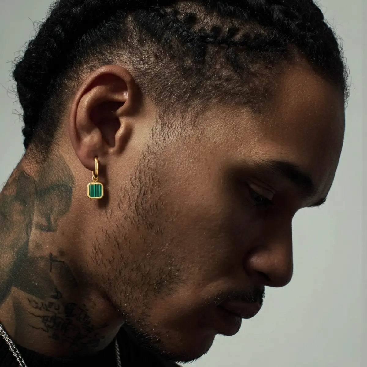 Malachite Square Drop Hoop Earrings Gold Worn by Male Model