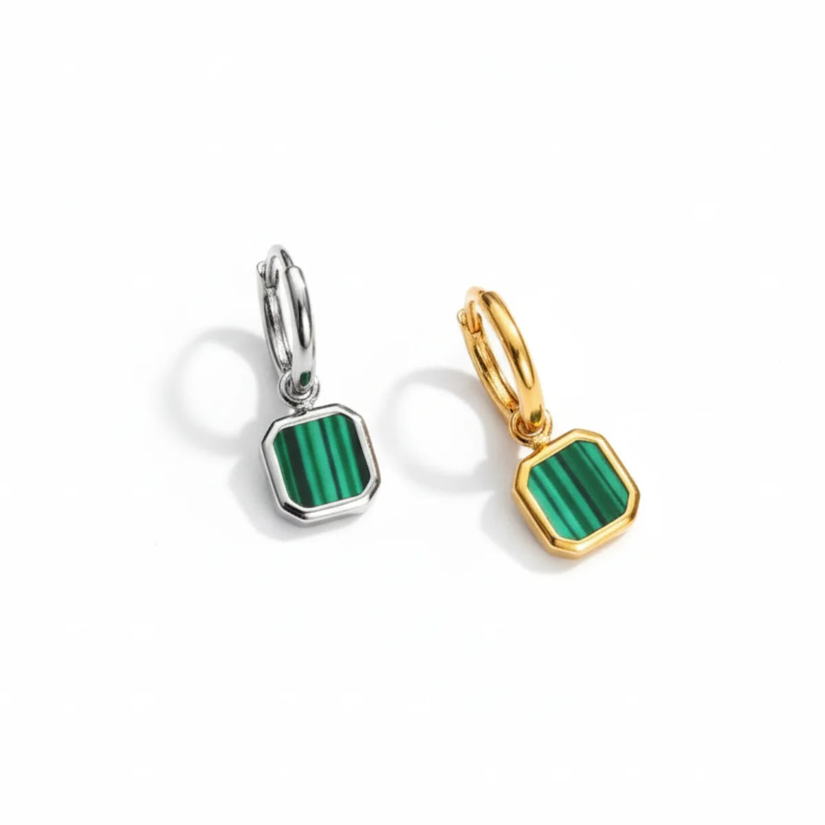 Malachite Square Drop Hoop Earrings Gold and Silver