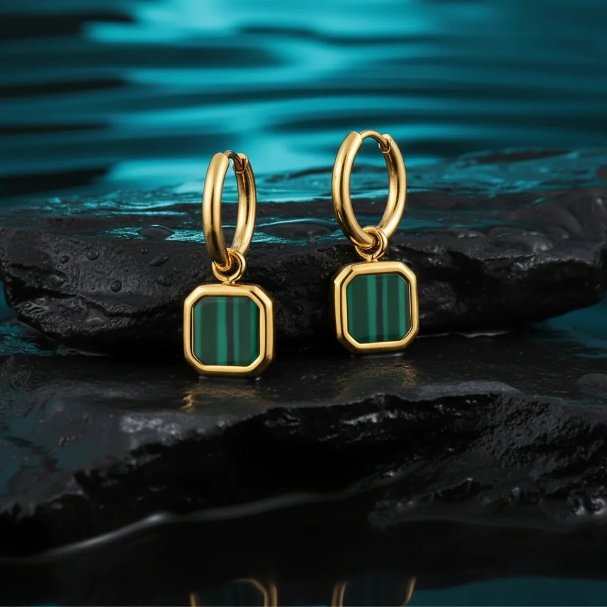 Malachite Square Drop Hoop Earrings Gold