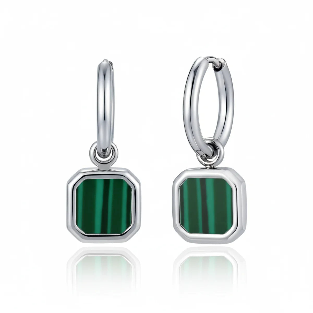 Malachite Square Drop Hoop Earrings Silver Details
