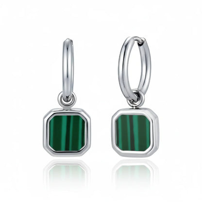 Malachite Square Drop Hoop Earrings Silver Details