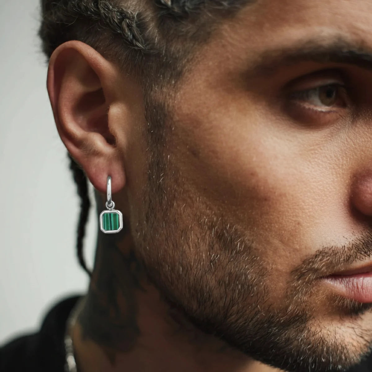 Malachite Square Drop Hoop Earrings Silver Worn by Male Model