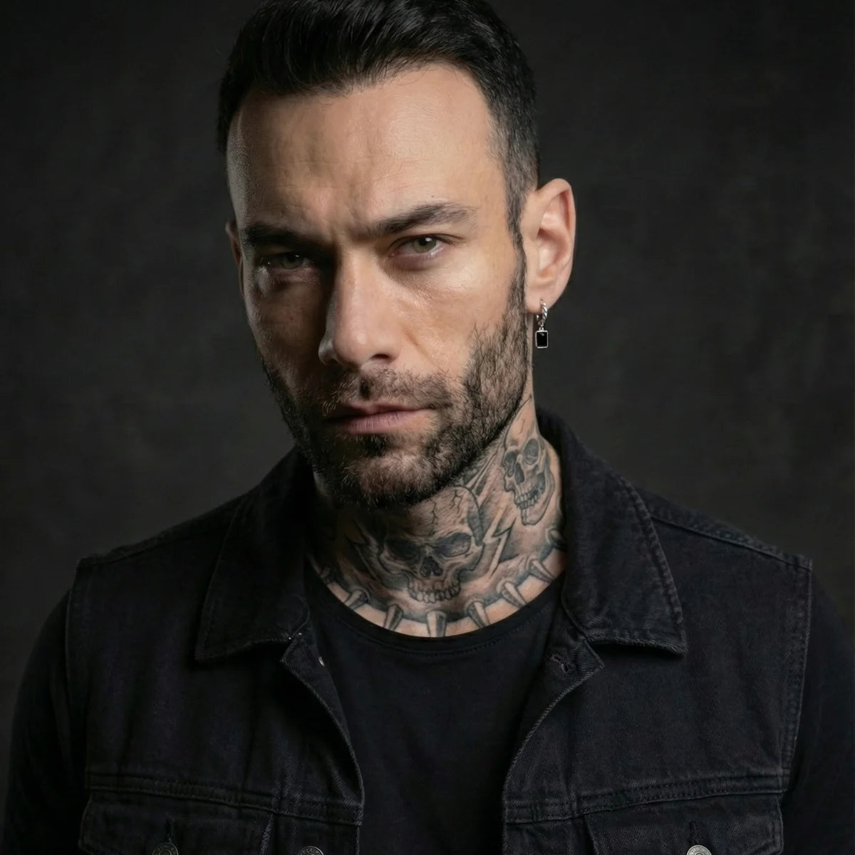 Male Model Wearing Black Diamond Chain Drop Earrings