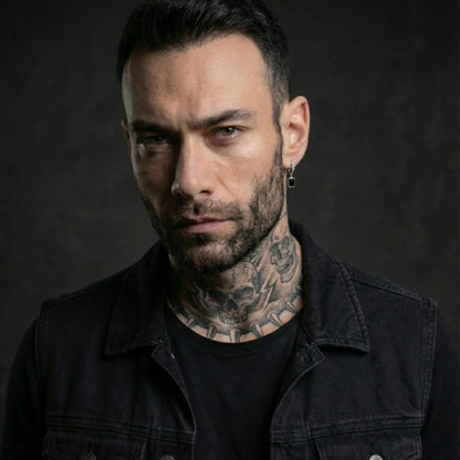 Male Model Wearing Black Diamond Chain Drop Earrings