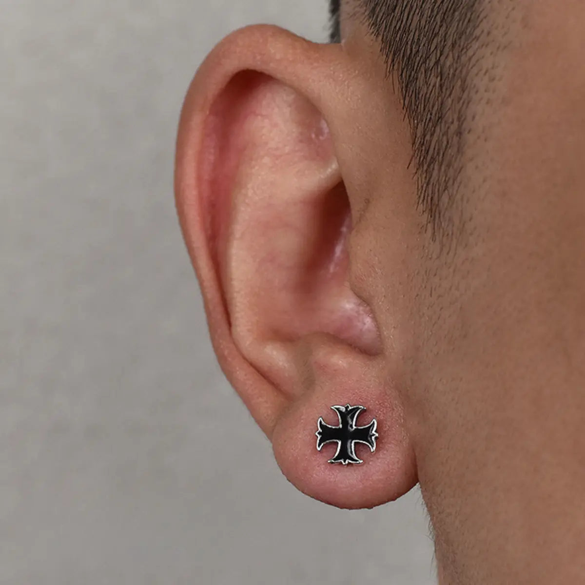 Maltese Cross Stud Earrings Worn by Male Model